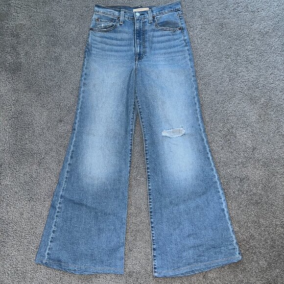 LEVI'S RIBCAGE BELL BLUE JEANS - BIG BELL BOTTOM FLARE EXTREME HIGH WAIST 28X30 - Picture 1 of 14